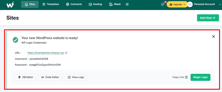 Información sobre los detalles de inicio de sesión del sitio web creado por InstaWP