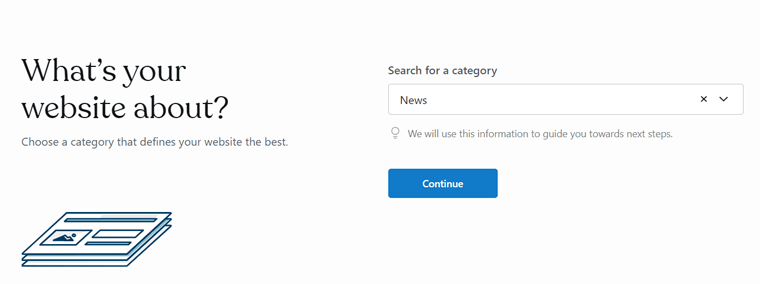 Escolha uma categoria de site para construir sem hospedagem e domínio