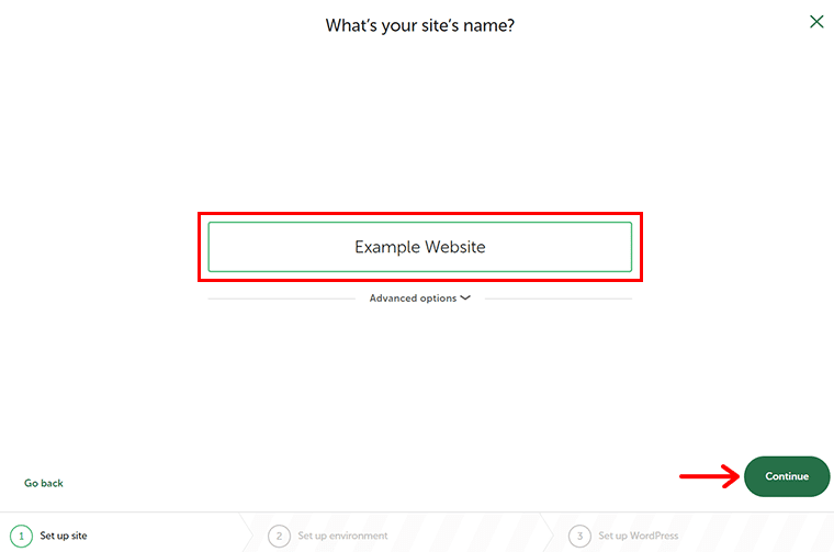 Asigne un nombre a su sitio web y haga clic en Continuar