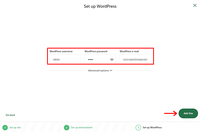 Adicione os detalhes necessários e clique em Adicionar site