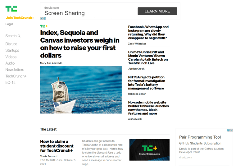 Situs web majalah TechCrunch menggunakan WordPress