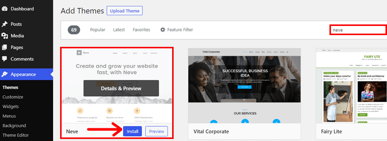 Memasang tema Neve di Dasbor WordPress