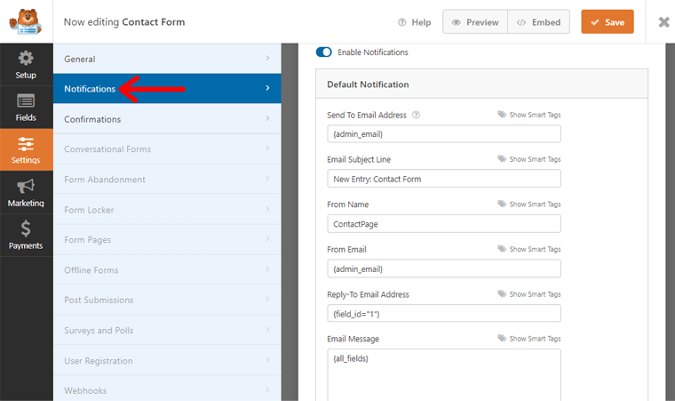 Pengaturan pemberitahuan saat membuat formulir kontak untuk WordPress
