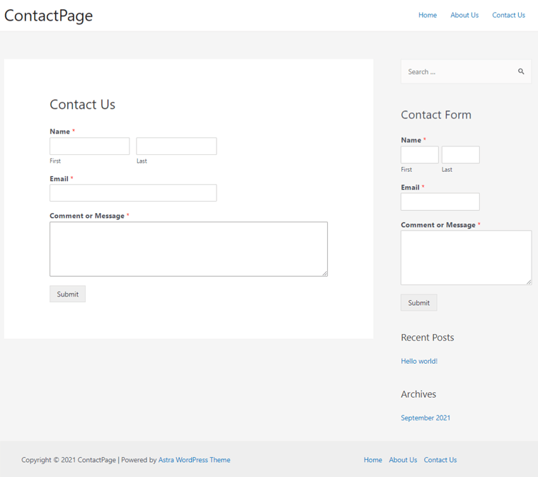 Pratinjau halaman Hubungi Kami di situs WordPress