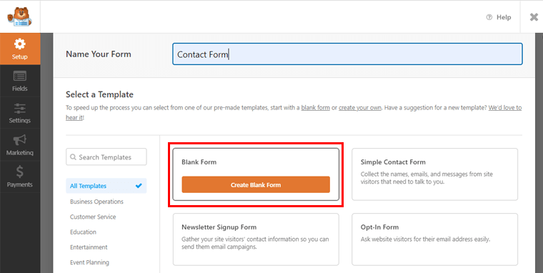 Formulir Kosong untuk membuat formulir kontak dari Awal