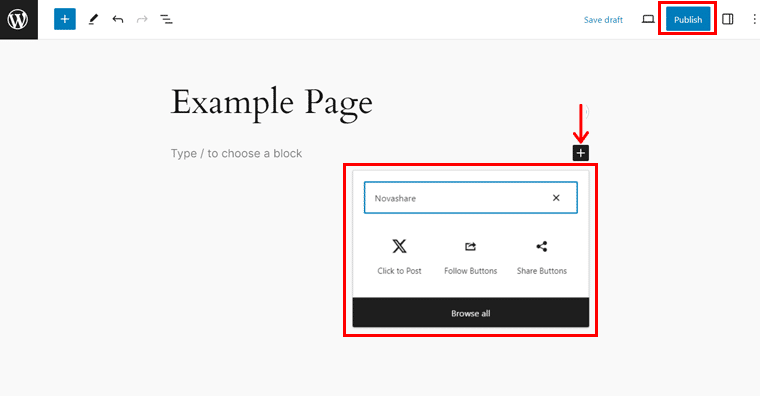 Introduceți blocul dvs. Novashare și faceți clic pe Publicare