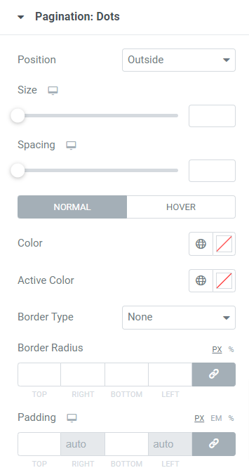 Paginación: sección de puntos en la pestaña de estilo del widget del carrusel de logotipos