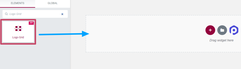 Arrastre y suelte el widget de “cuadrícula de logotipos” en la página del editor de Elementor.