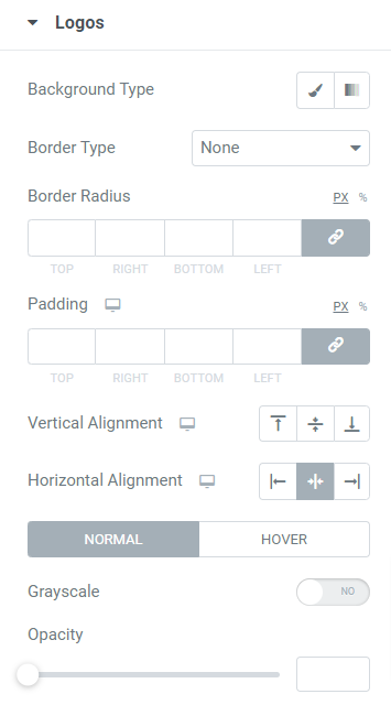 Sección de logotipos en la pestaña de estilo del widget de carrusel de logotipos