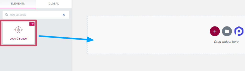 Arrastre y suelte el widget de “cuadrícula de logotipos” en la página del editor de Elementor.