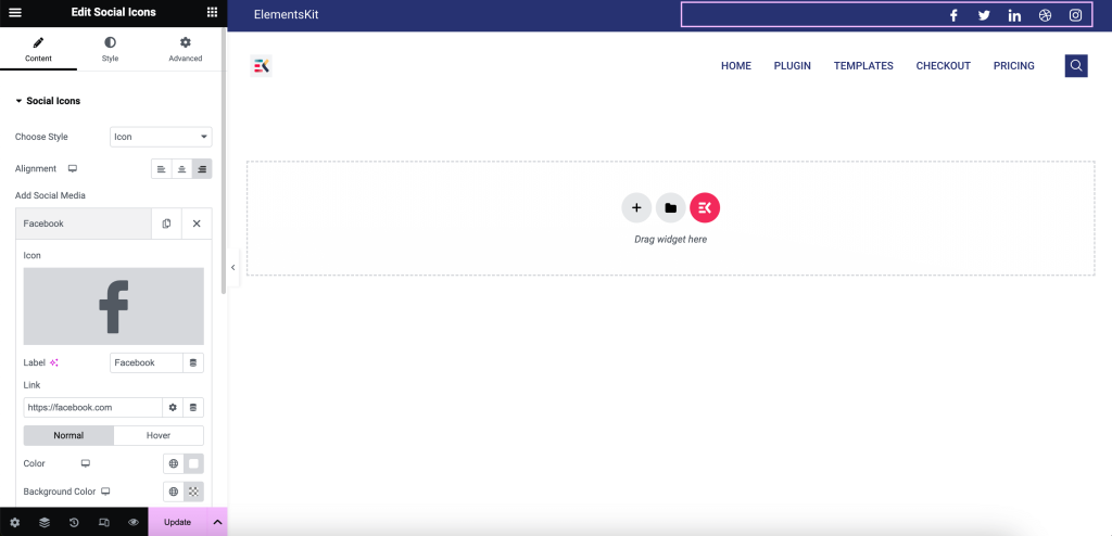 Adicionar perfil social usando ElementsKit