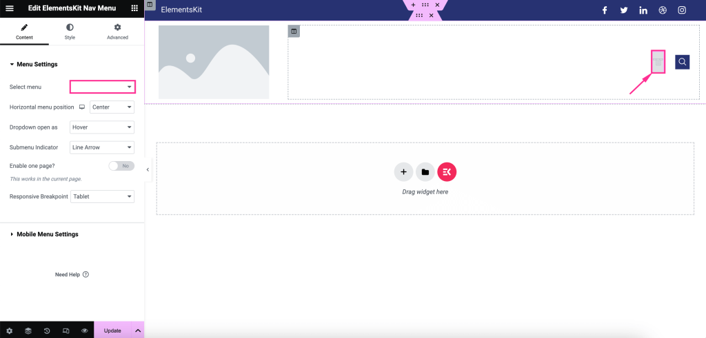 Adicionar menu ao cabeçalho fixo com ElementsKit