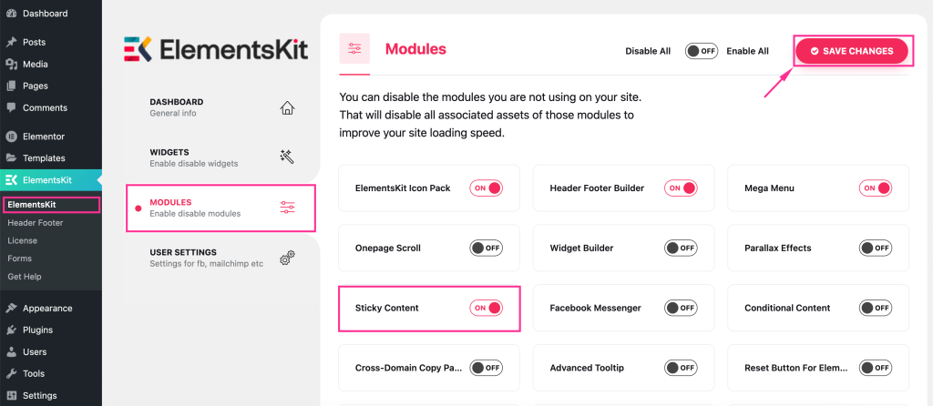 Habilitar módulo de conteúdo fixo do ElementsKit