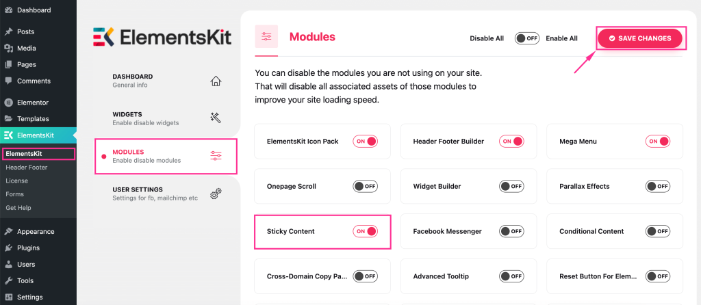 Aktifkan modul konten melekat di ElementsKit