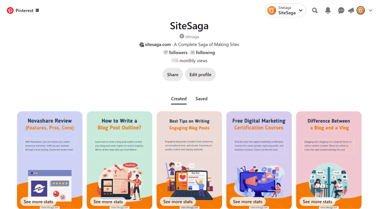 Einblick in die Pinterest-Plattform von SiteSaga
