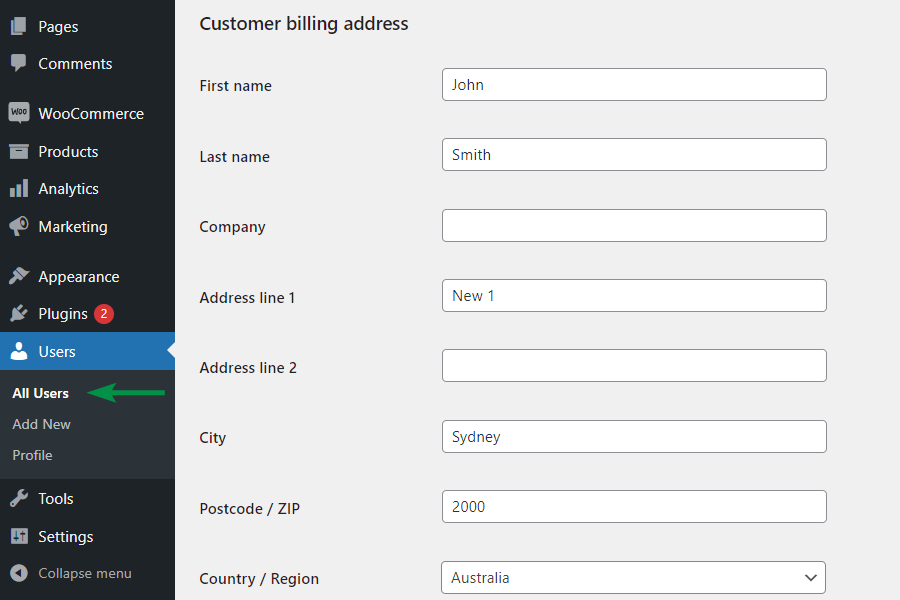 Modifica i dati dei clienti in Utenti WordPress