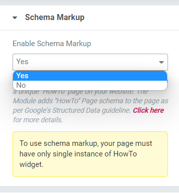 Abschnitt „Schema-Markup“ auf der Registerkarte „Inhalt“ des PowerPack-How-To-Widgets