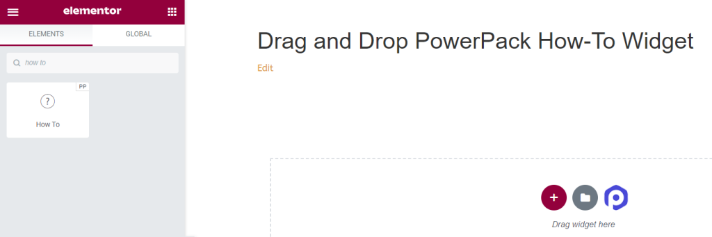 Arraste e solte o widget de instruções do PowerPack na página Elementor