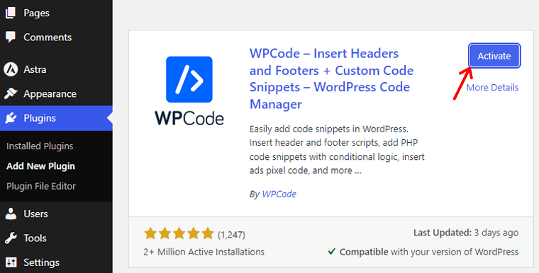 Attiva il plugin WPCode