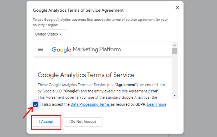 Acepte los términos y servicios de Google Analytics
