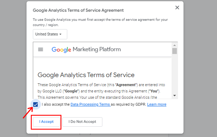 Accepter les conditions et services de Google Analytics