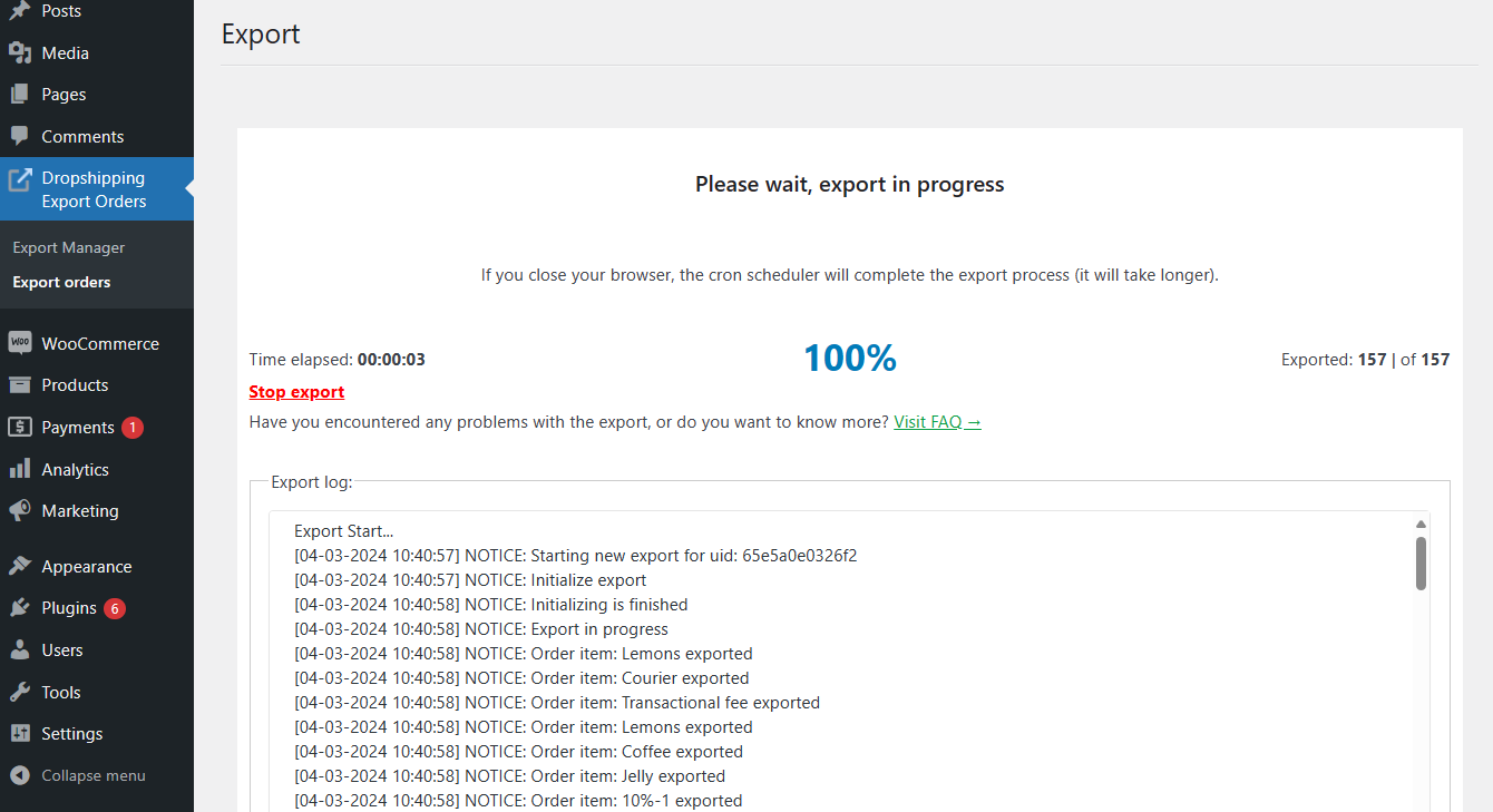 Exporter les commandes depuis WooCommerce - processus d'exportation