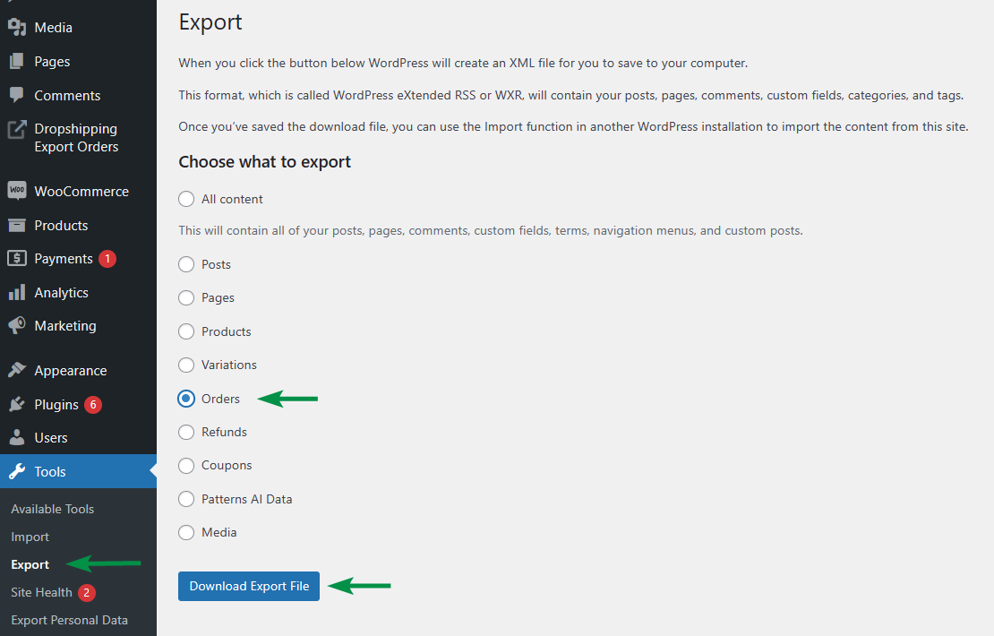 Exportation des commandes WooCommerce depuis Tools Export