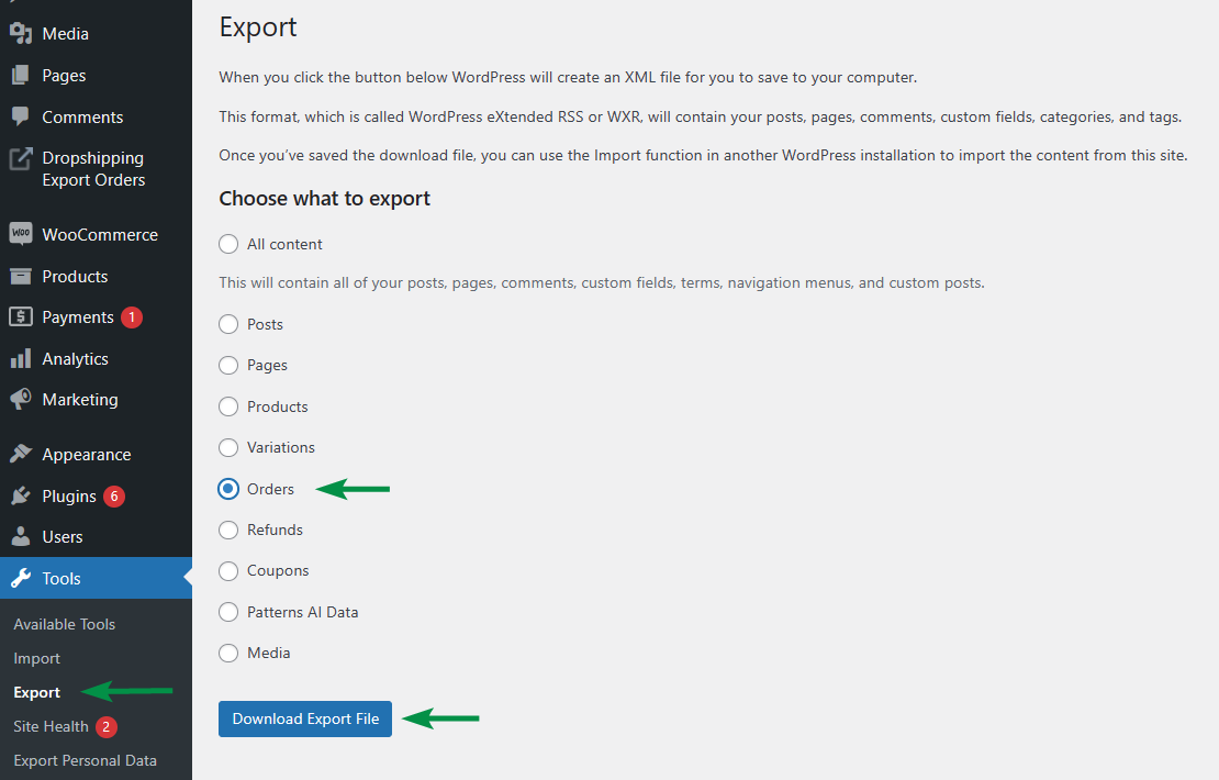 Export de comenzi WooCommerce din Tools Export