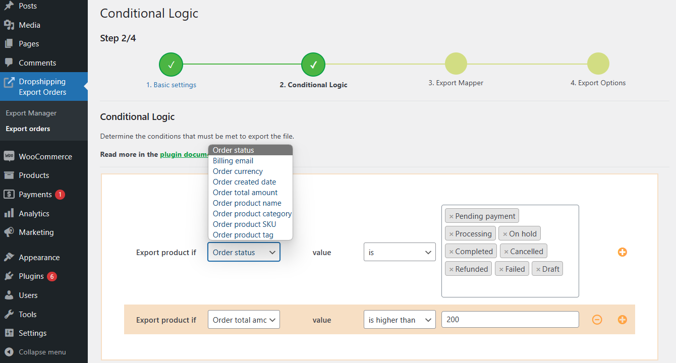 Установите условия для экспорта заказов из WooCommerce