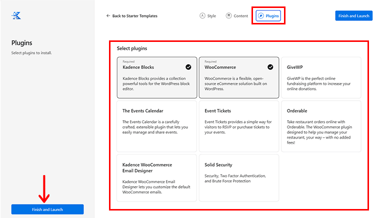 Personalizzazione della scheda Plugin e fare clic su Fine e avvio