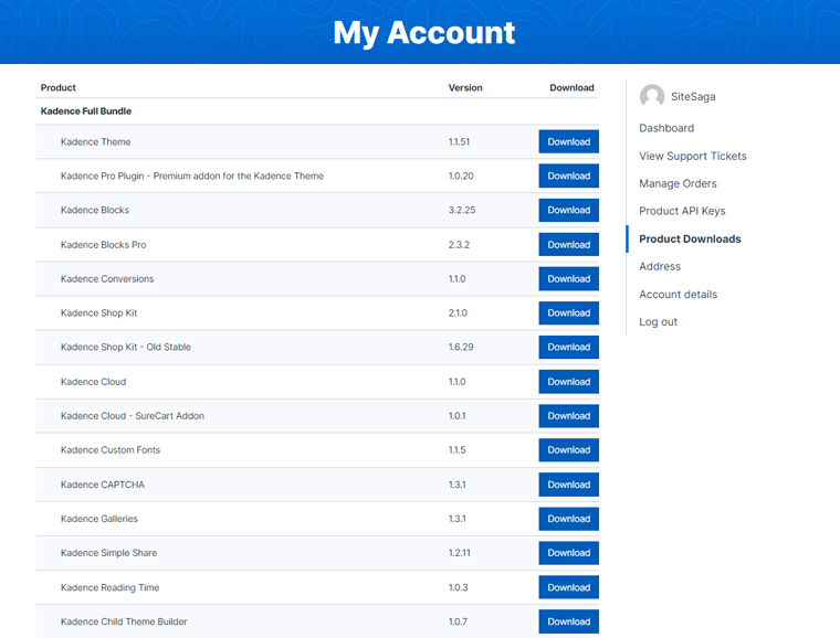 Aperçu des détails du produit Kadence Mon compte