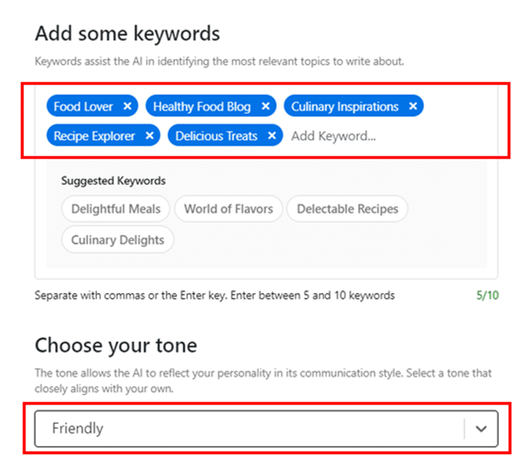 Fügen Sie Ihre Schlüsselwörter hinzu, wählen Sie Ihren Ton und klicken Sie auf „Weiter“.