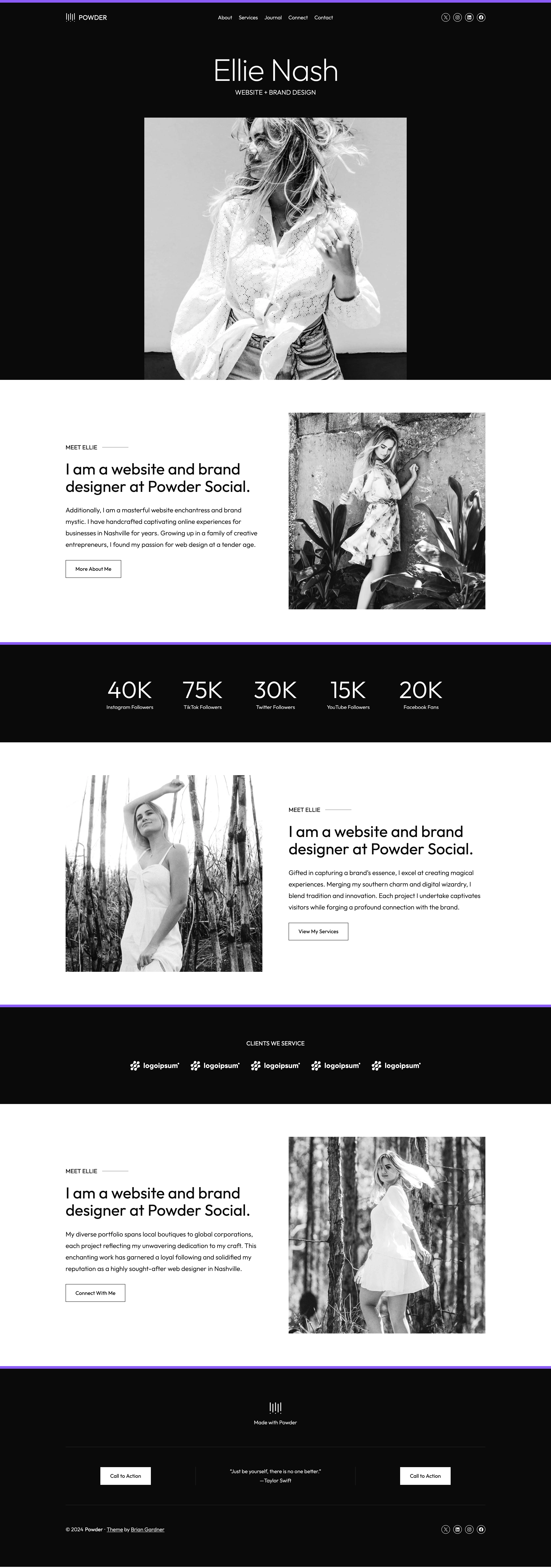 La home page del tema child Powder Social.