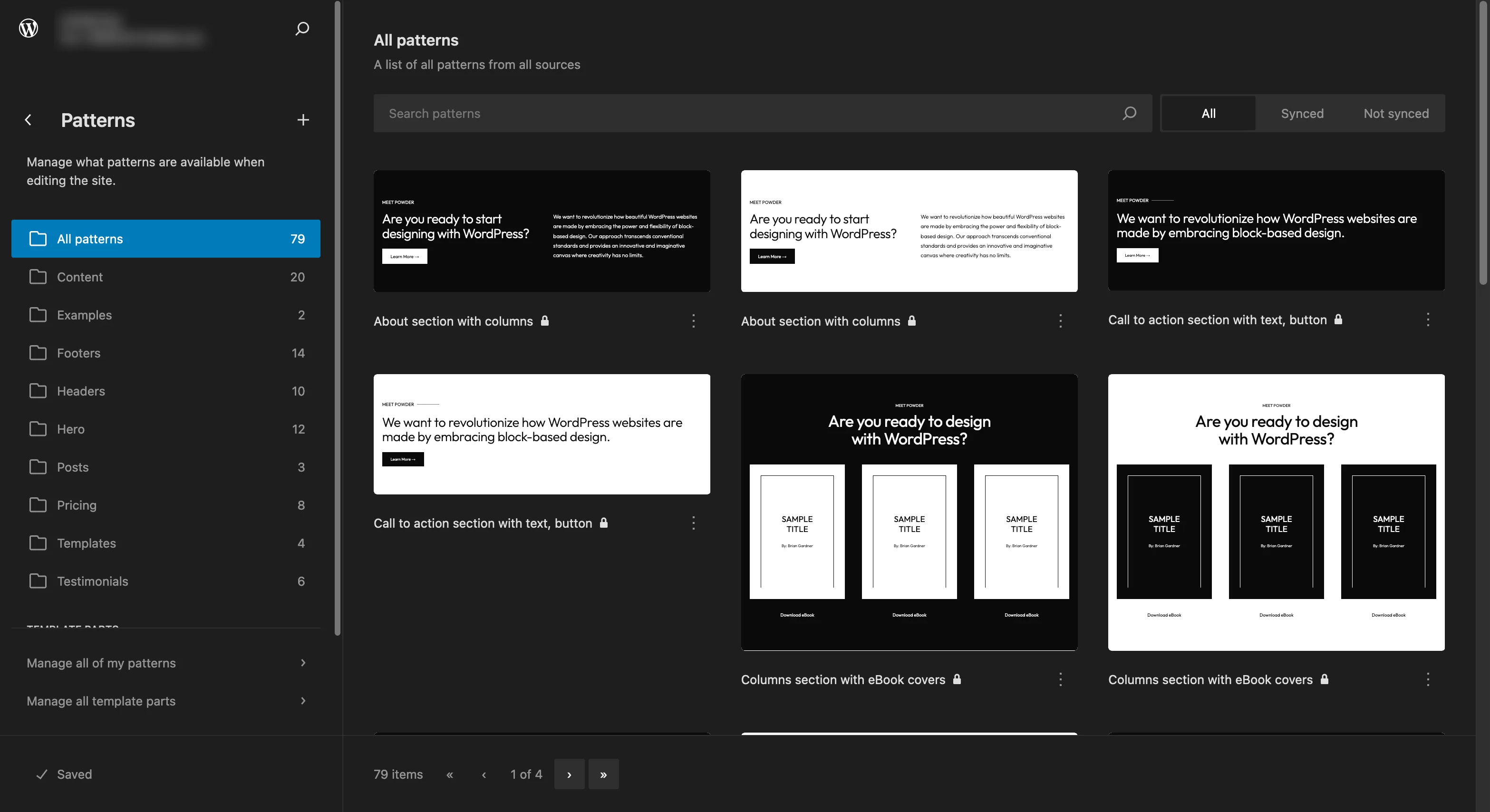 WordPress サイトエディターの「パターン」メニュー。