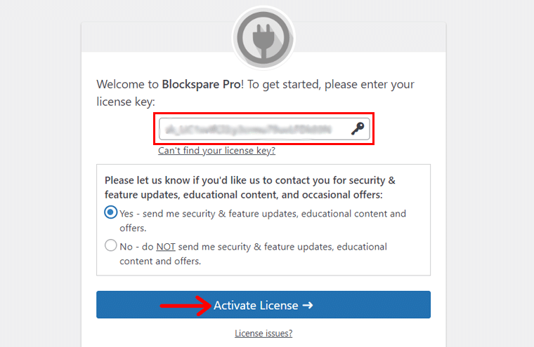 วางรหัสใบอนุญาตที่คัดลอกไว้ & คลิกเปิดใช้งานตัวเลือกใบอนุญาต