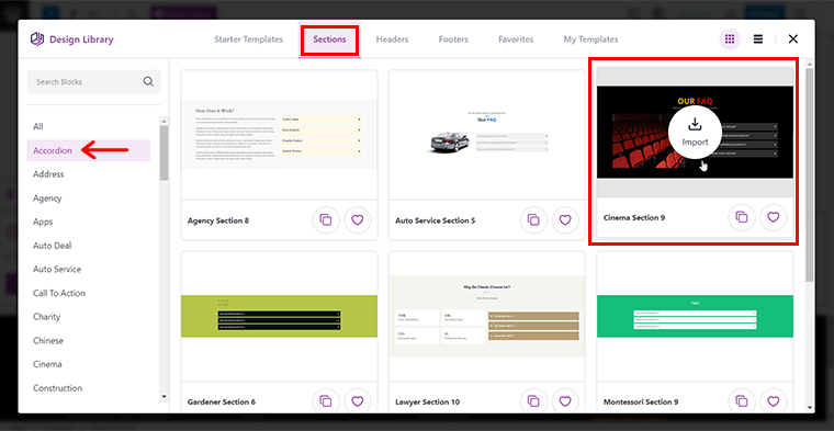 Vá para as seções e escolha e importe o acordeão necessário