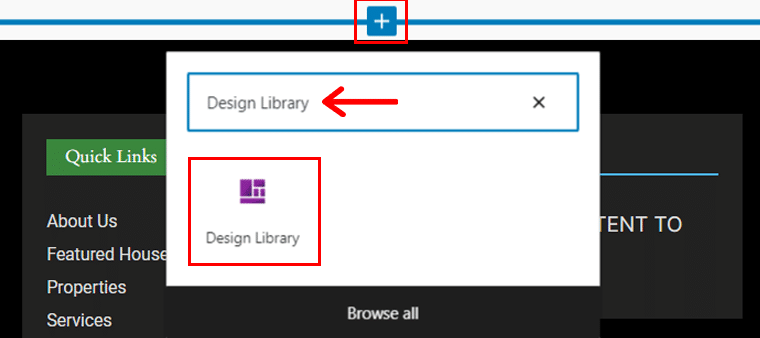 「ブロックアイコンを追加」をクリックしてデザインライブラリを検索します