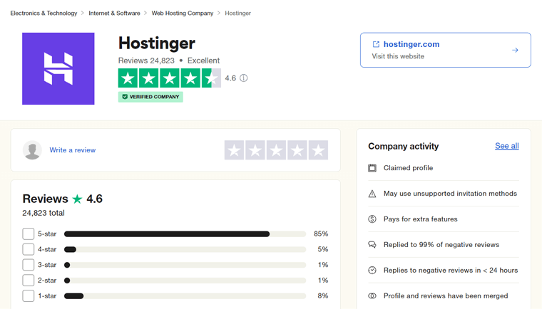 Hostinger TrustPilot 分数