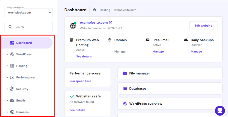 Configurações do site no painel de controle