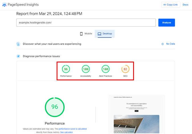 Hostinger PageSpeed ​​Insights