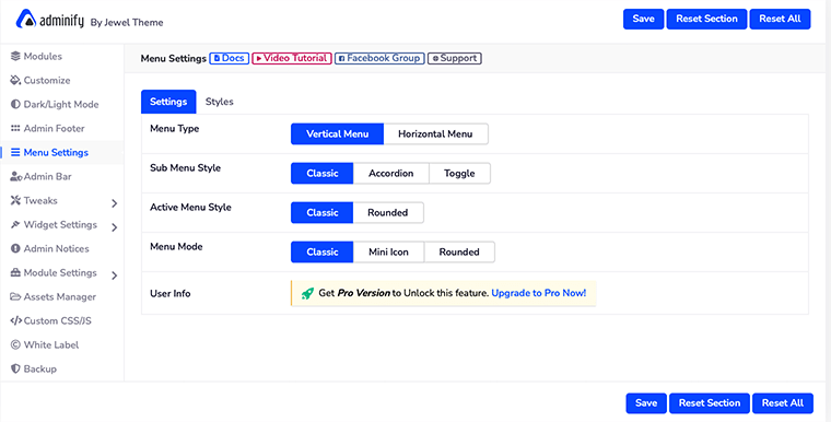 Pengaturan Menu Adminify WP