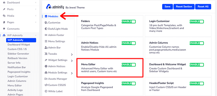 WP Adminify Aktifkan Modul Editor Menu