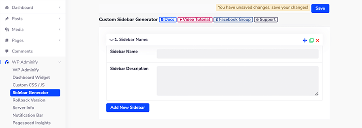WP Adminify Tambahkan Sidebar Baru