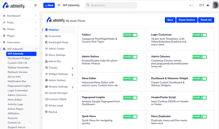 Panel Opsi Adminify WP