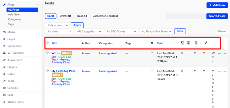 Kolom Admin Default WordPress