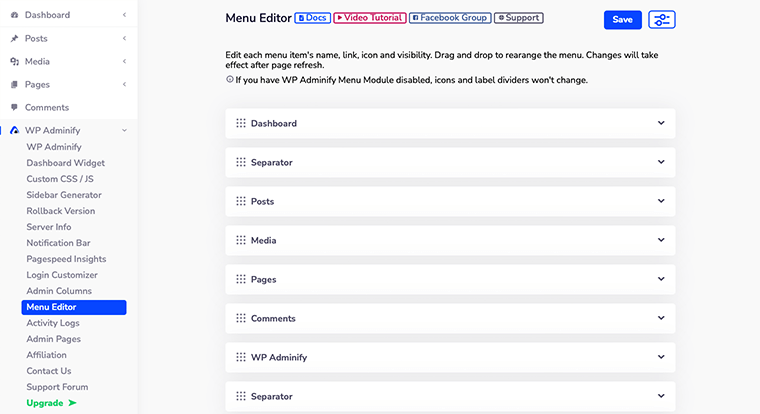 Editor Menu Adminify WP