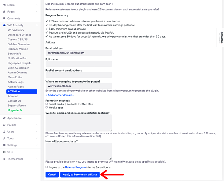 Formulir Afiliasi Adminify WP