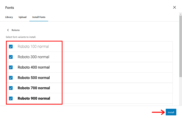 Wählen Sie die Schriftartvarianten aus und klicken Sie auf die Option „Installieren“.