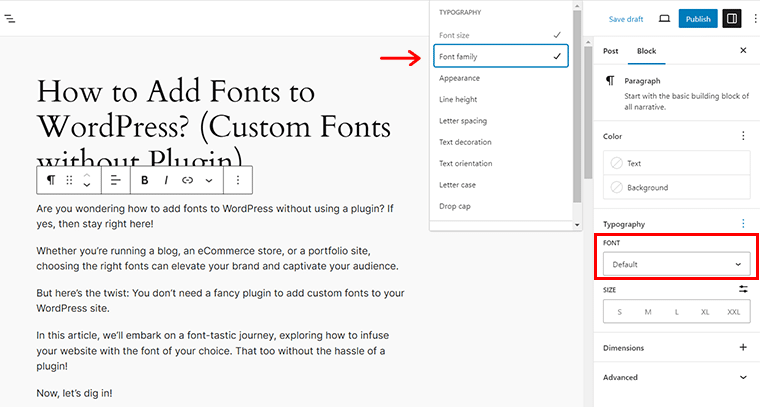 คลิกที่ Font Family เพื่อเลือกแบบอักษร