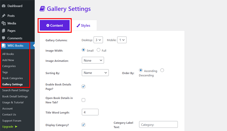 Pengaturan Galeri di Plugin Galeri Buku